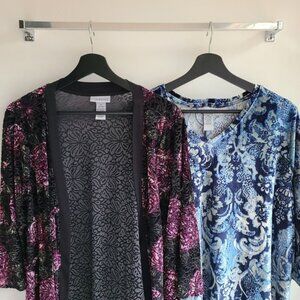 2 Catherines Velour Tops Blouse 14 16W Floral Casual Colorful Open Front Burnout